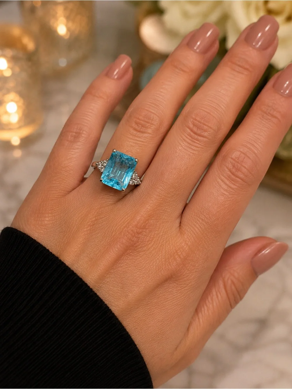 Emerald Cut Aqua Blue Statement Ring – Clear Accent Stones – 925 Sterling